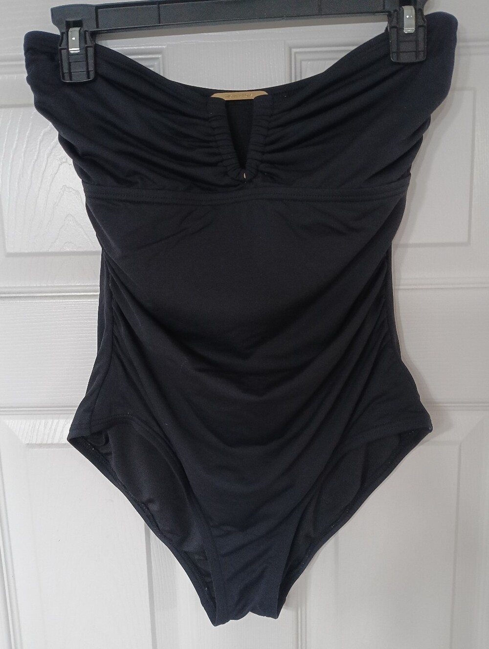 Michael Kors Black Ruched Bandeau One Piece Swimsuit Gold Logo Size 10